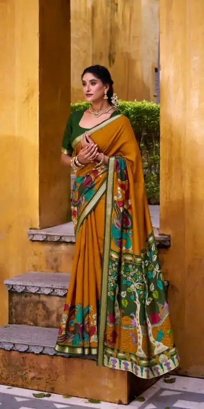 Mustard Polyester Kalamkari Saree