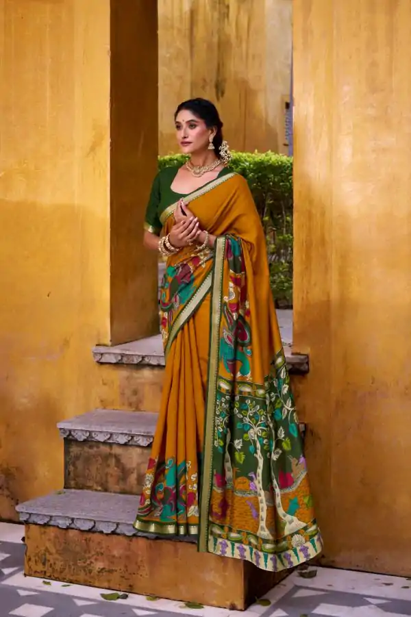 Mustard Polyester Kalamkari Saree