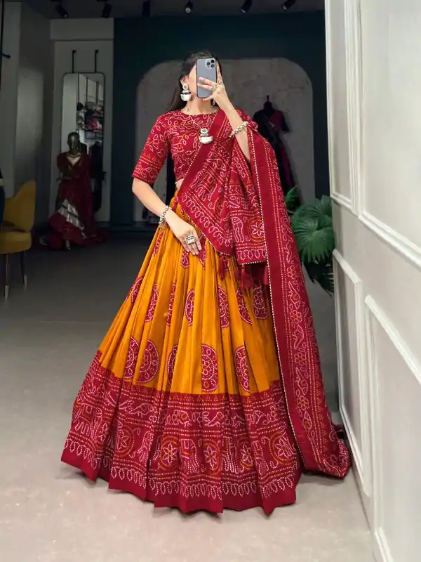 Mustard Tasar Bandhej Lehenga Choli