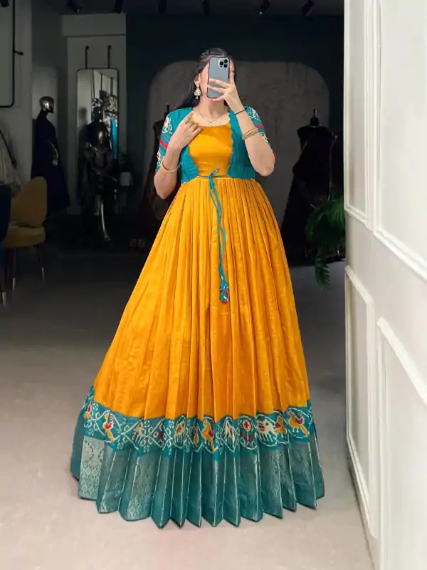 Mustard Tasar Chex Patola Print Gown