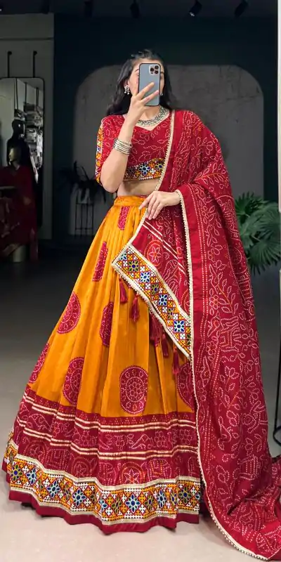 Mustard Tasar Silk Gamthi Work Lehenga Choli