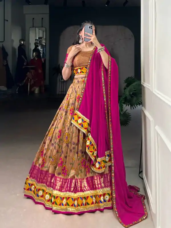 Mustard Tasar Silk Printed Foil Lehenga Choli