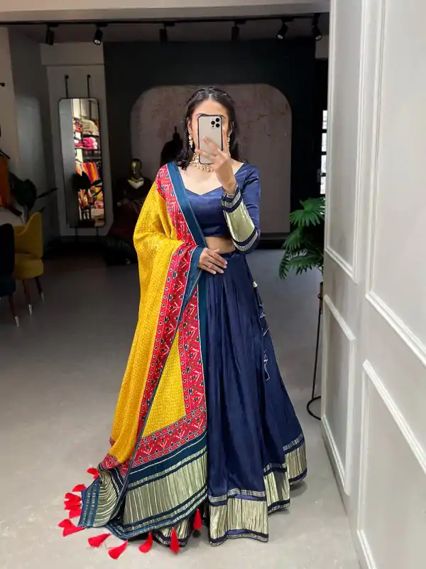 Navy Blue Gaji Silk Lagdi patta Lehenga Choli