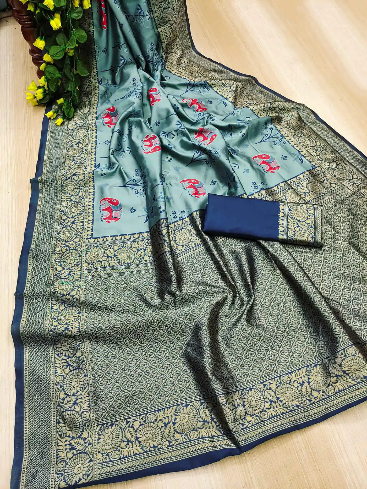 Navy Blue Soft Lichi Silk Jacquard Saree - Image 2