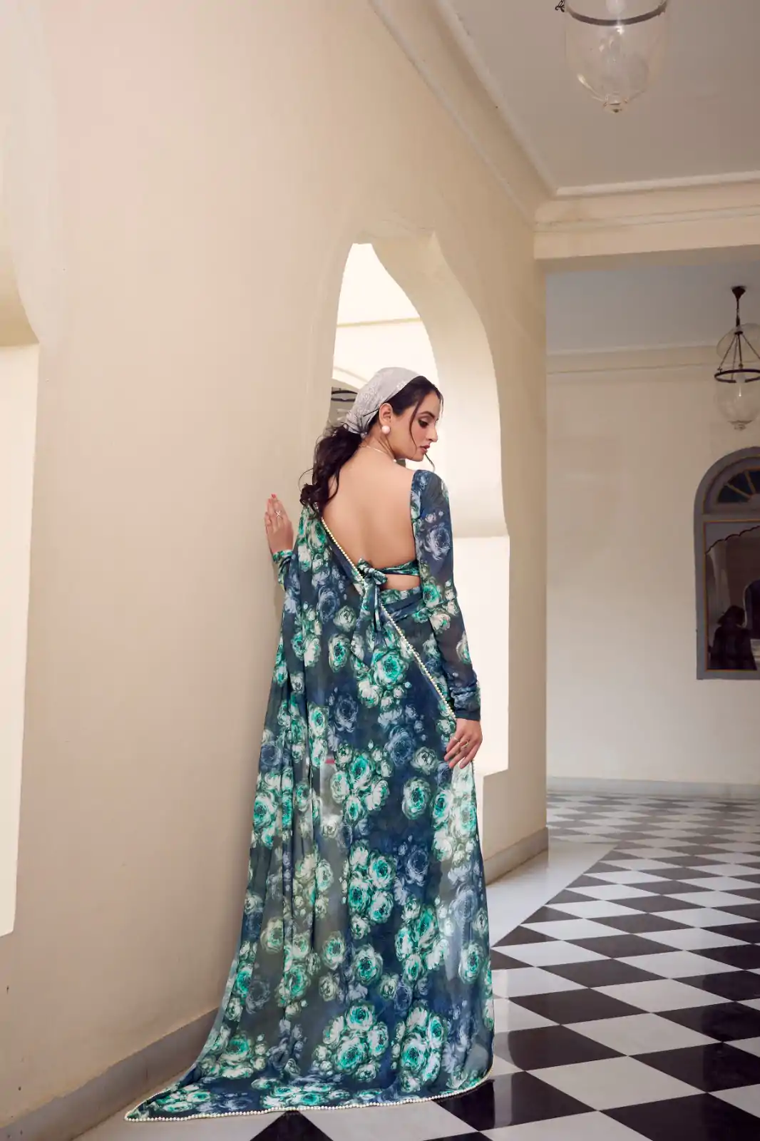 Navy Blue Weightless Floral Printed Saree - Image 2