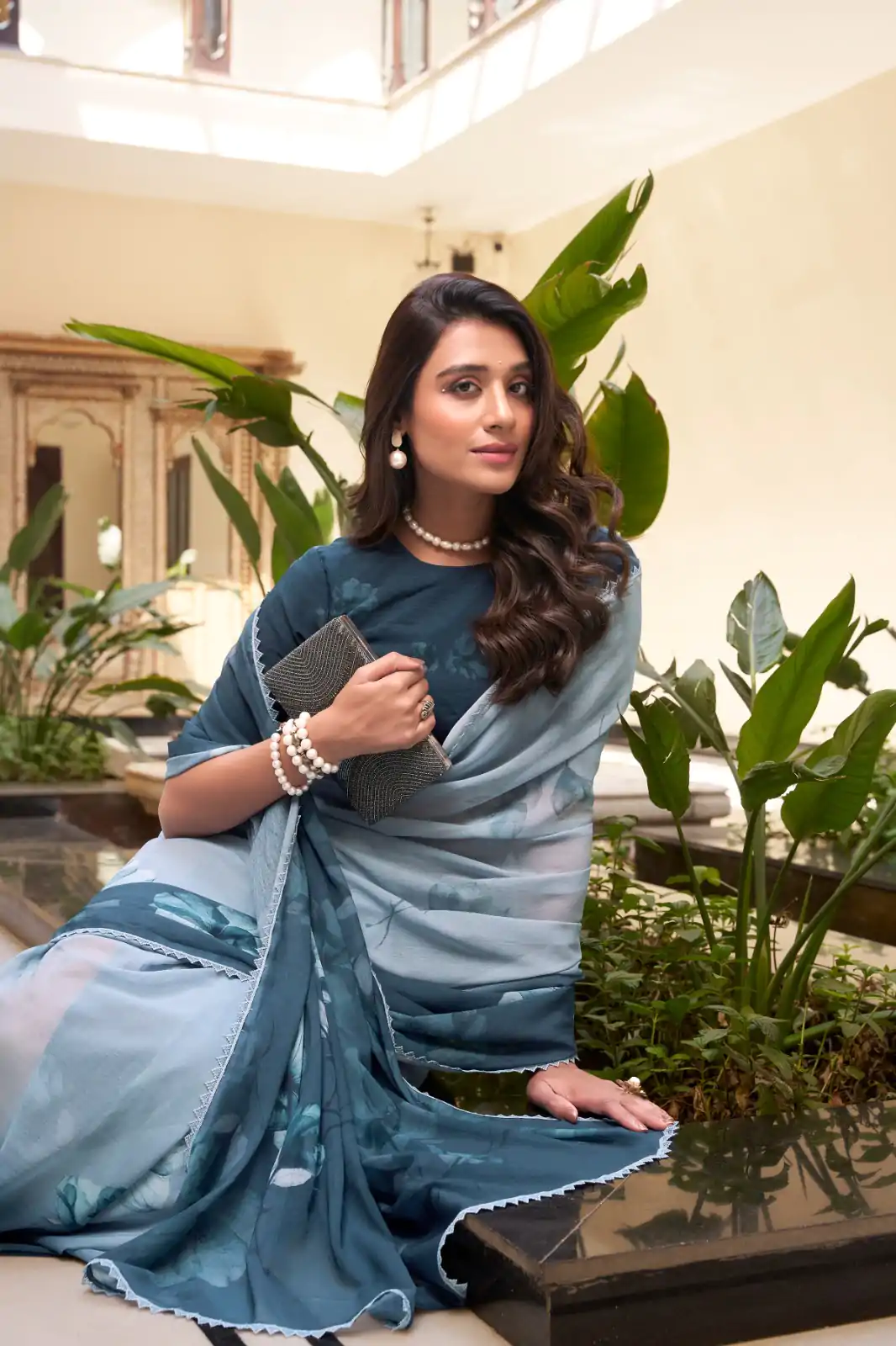 Navy Blue Weightless Printed Saree - Image 4