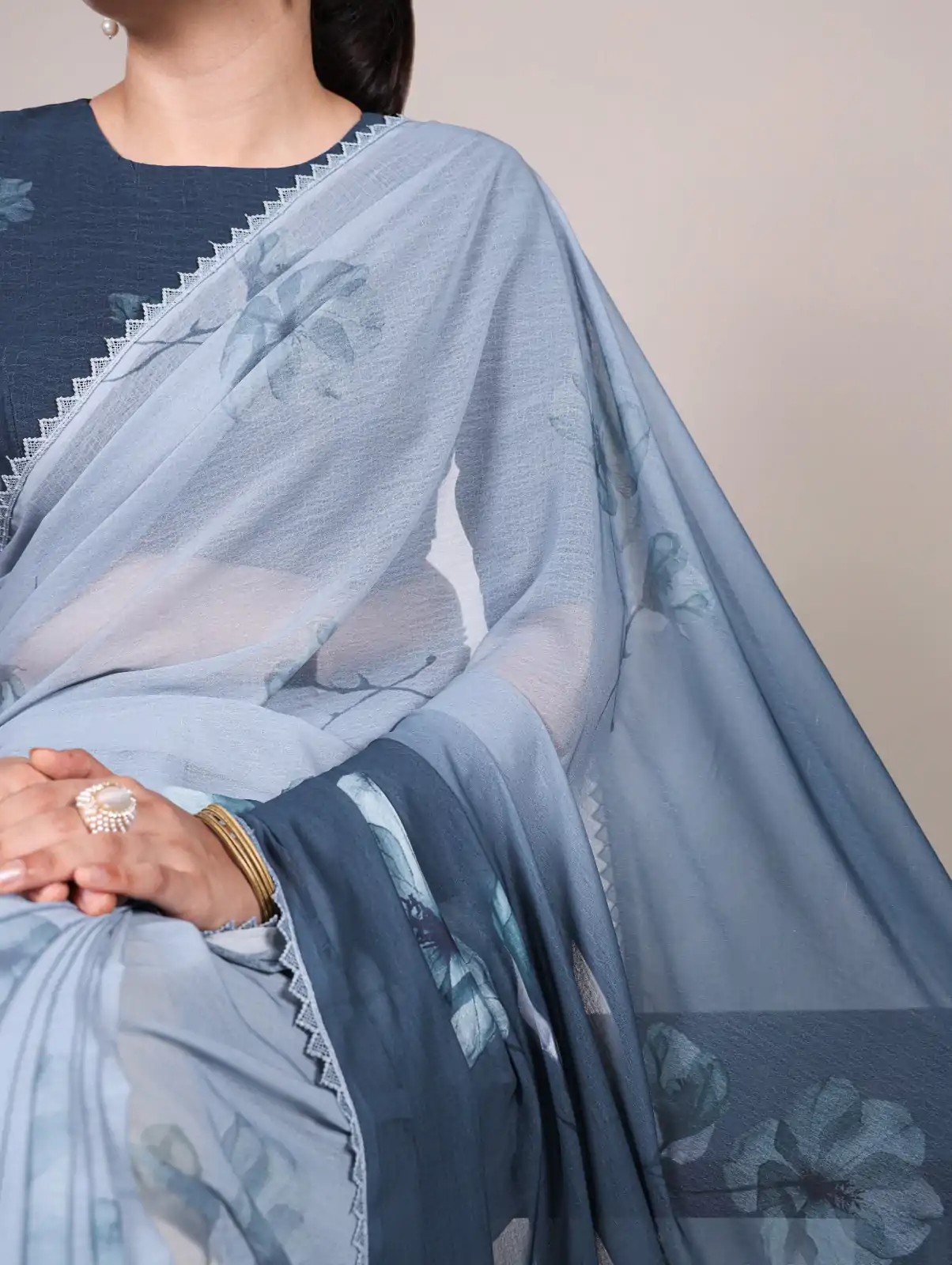 Navy Blue Weightless Printed Saree - Image 2