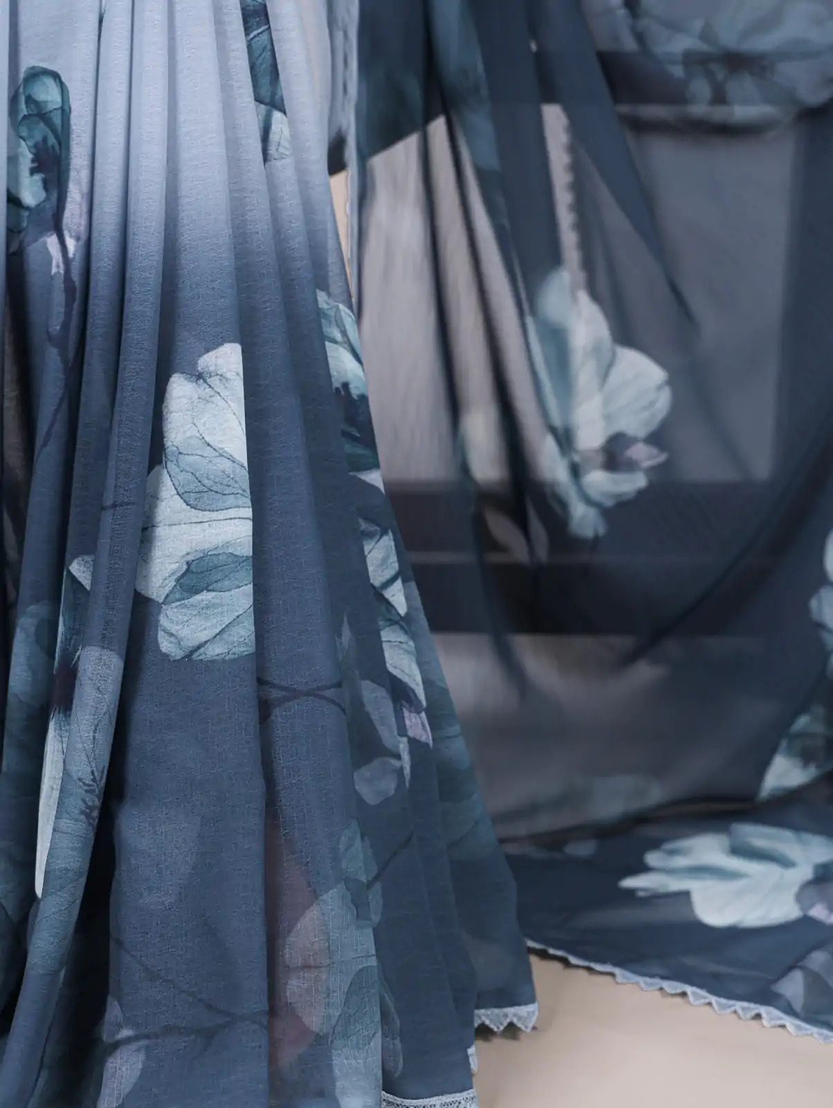 Navy Blue Weightless Printed Saree - Image 3