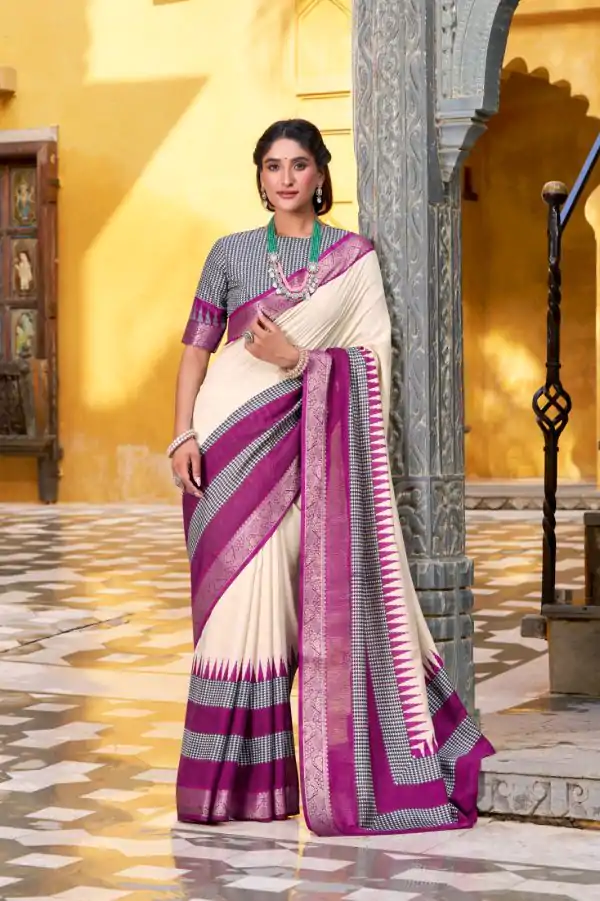 Off White Poly Cotton Printed Zari Saree