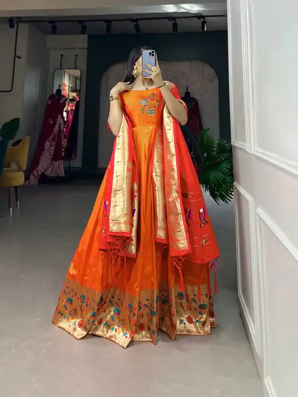 Orange Jacquard Silk Paithani Zari Gown