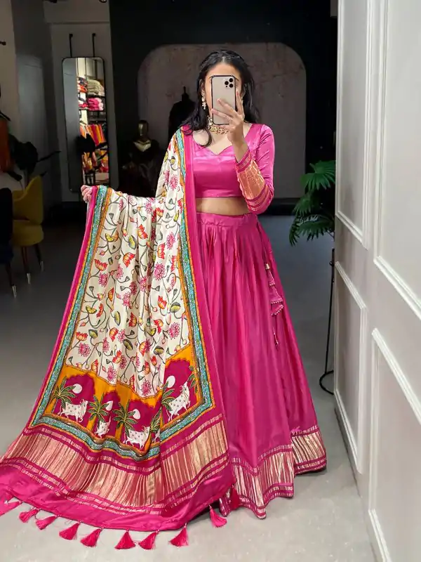 Pink Gaji Silk Lagdi patta Lehenga Choli