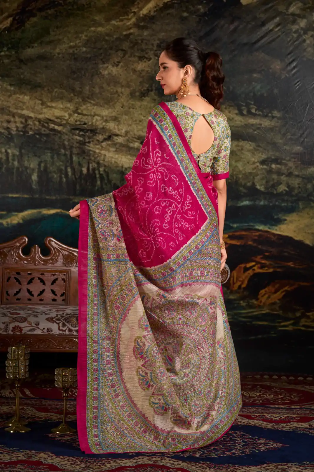 Pink Green Silk Madhubani Saree - Image 2