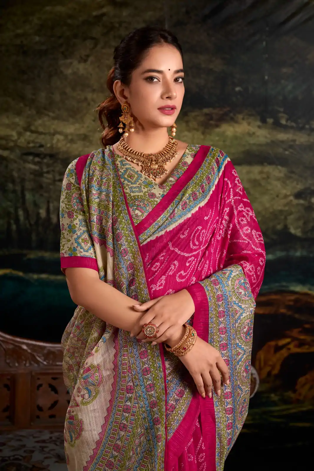 Pink Green Silk Madhubani Saree - Image 3