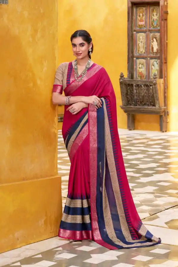 Pink Poly Cotton Printed Zari Saree