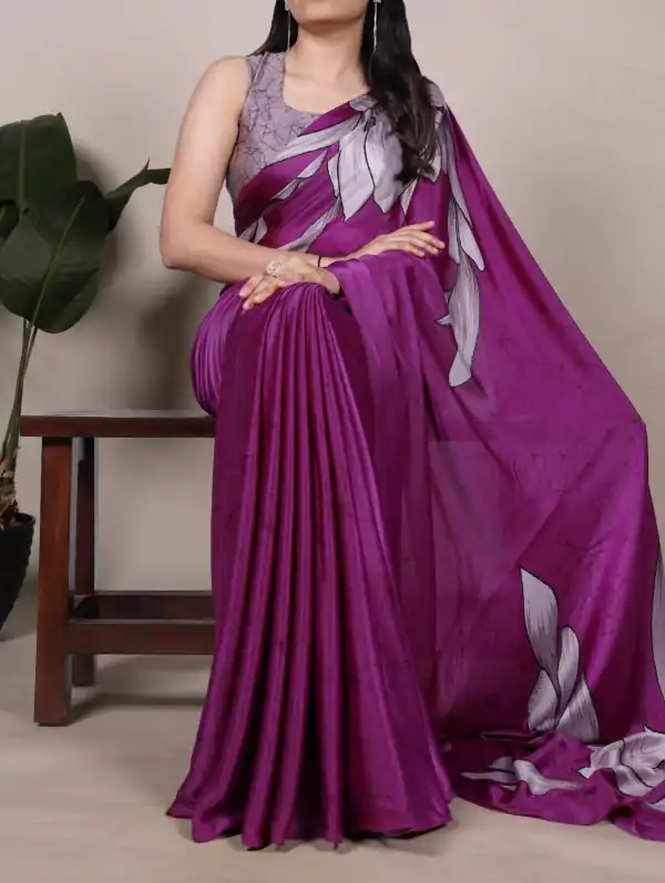 Pink Satin Floral Printed Saree