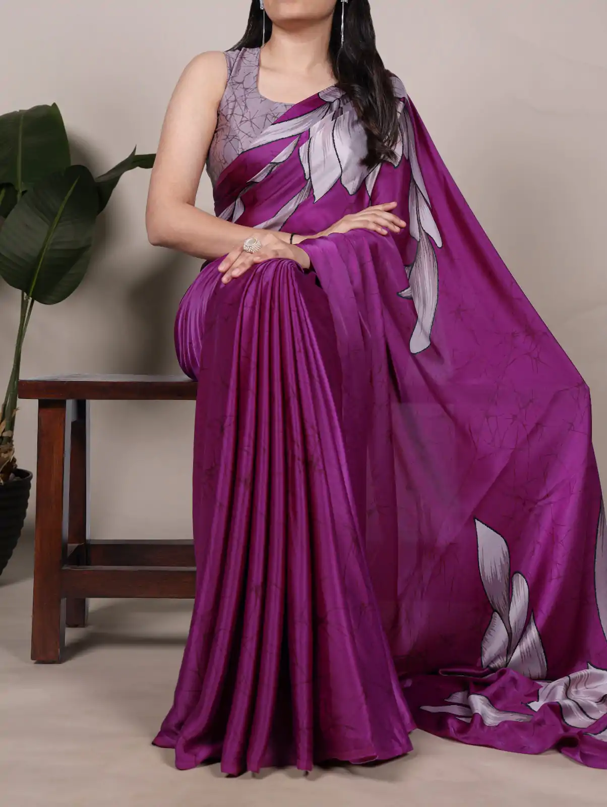 Pink Satin Floral Printed Saree