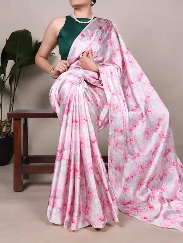 Pink Satin Silk Printed Saree