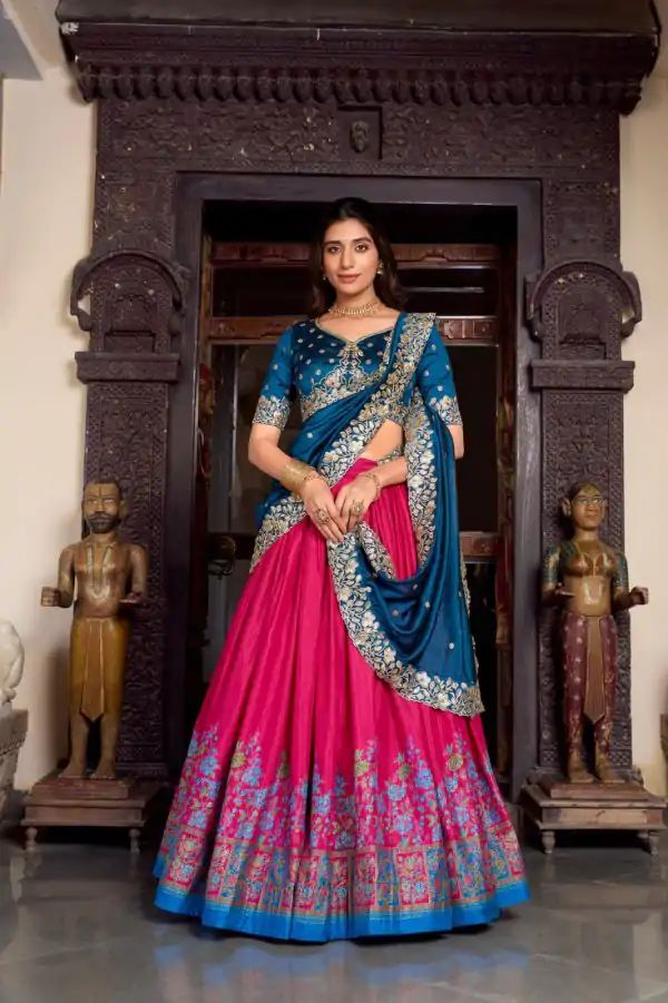 Pink Tasar Printed Foil Work Lehenga Choli