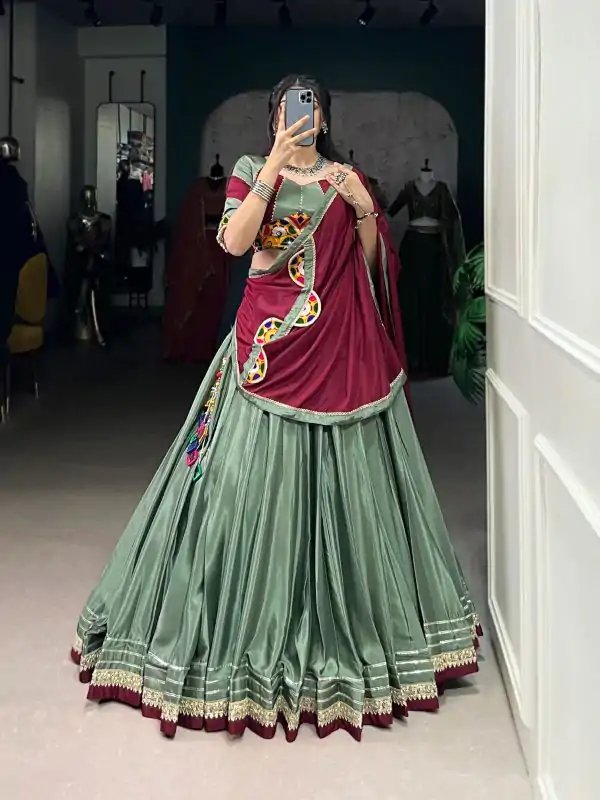 Pista Silk Crepe Embroidery Lehenga Choli