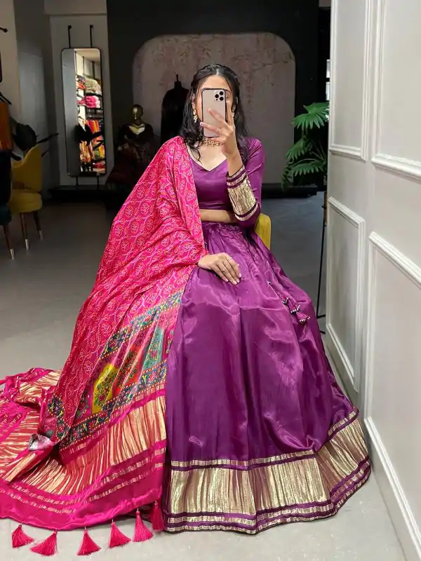 Purple Gaji Silk Lagdi patta Lehenga Choli