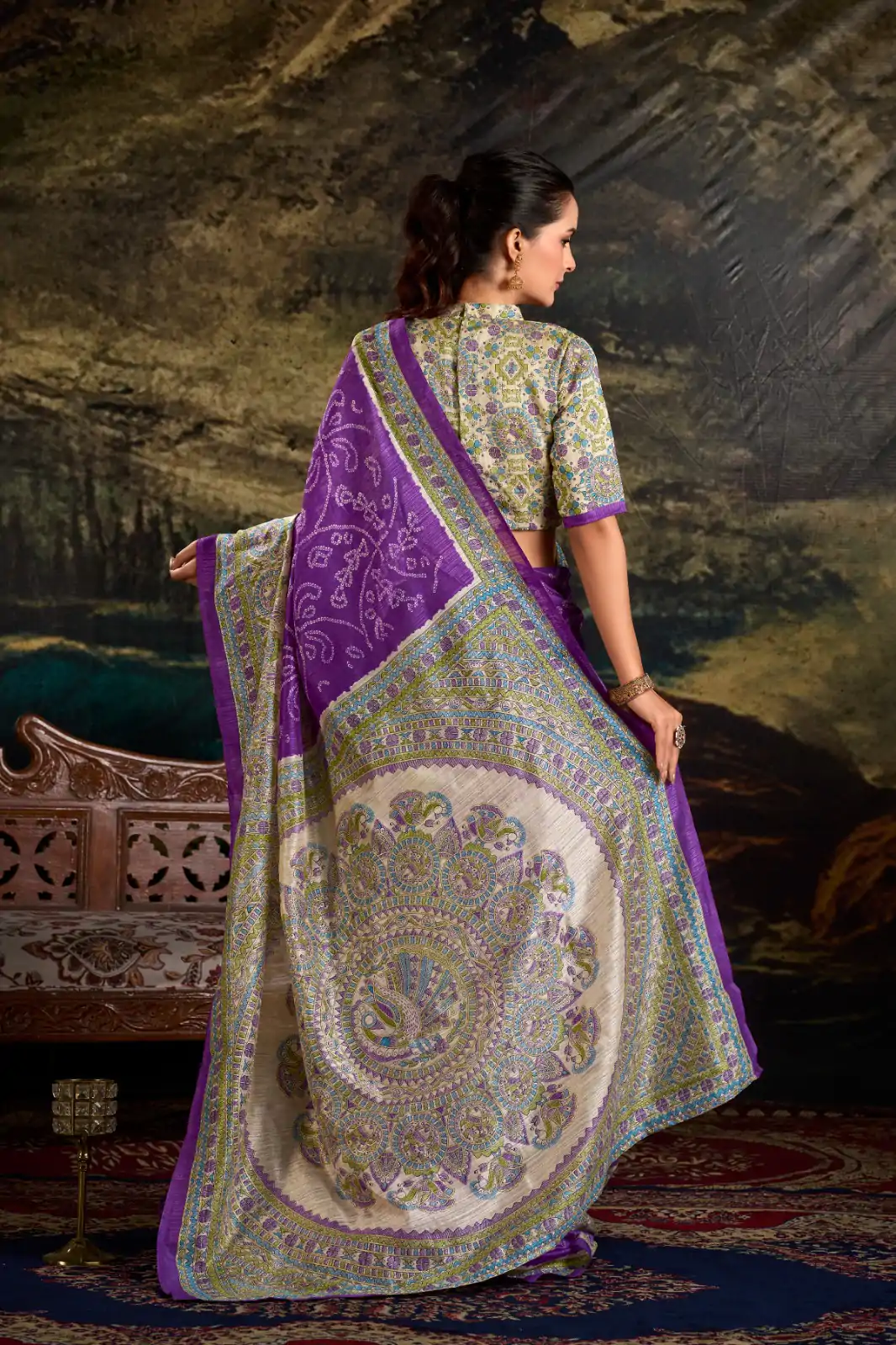 purple Green Silk Madhubani Saree - Image 2