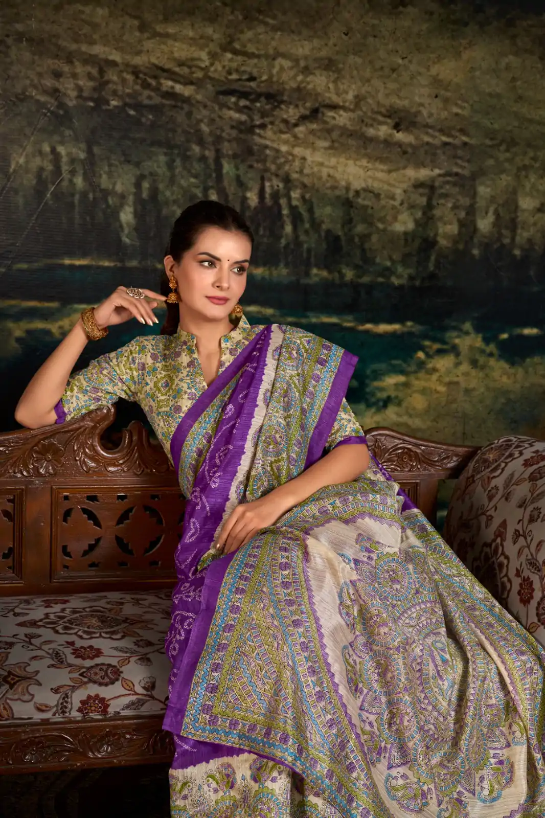 purple Green Silk Madhubani Saree - Image 3