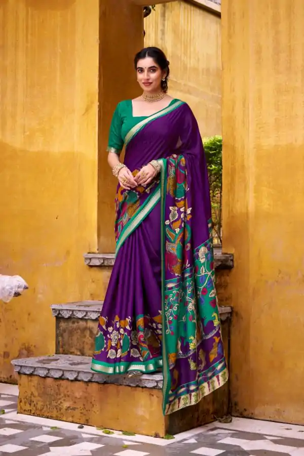 Purple Polyester Kalamkari Saree