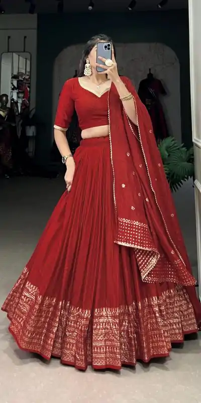 Red Chanderi Weaving Lehenga Choli
