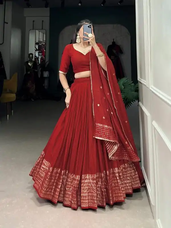 Red Chanderi Weaving Lehenga Choli