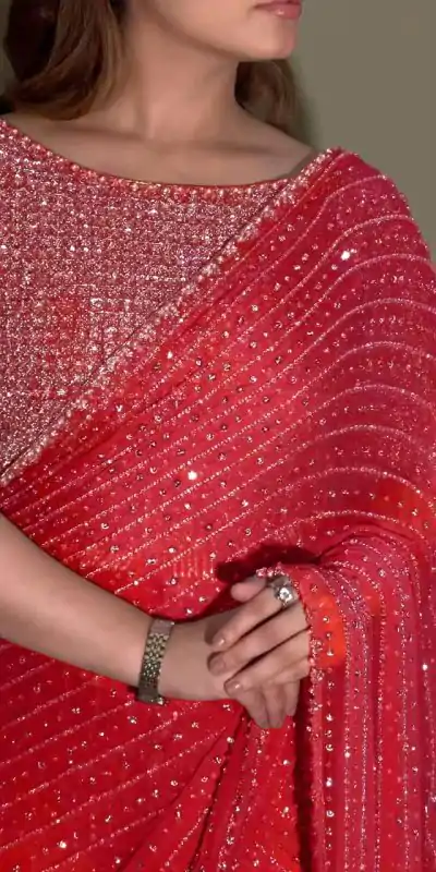 YNF 3452 -DF 3452 Red Color Georgette Sequins Multy Embroidery Work Saree Casual, Wedding, Festive, Events . Expected Delivery  4-6 Working Days @1799/- only                                                                                | Bollywood Sarees, Creative Sarees, Designer Sarees, Embroidered Sarees, Ethnic Saree, Modern Digital sarees, Party Wear Sarees, Sarees