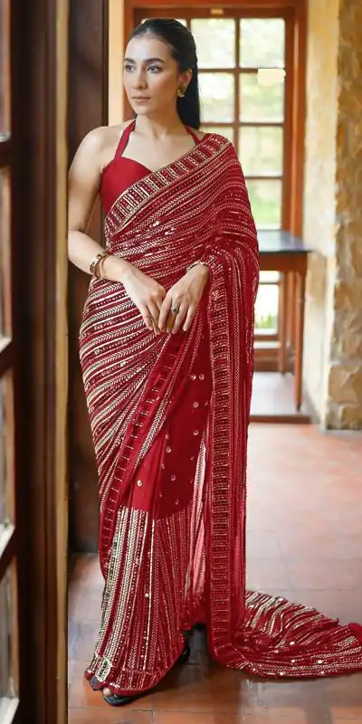 Red Georgette Embroidery Work Saree