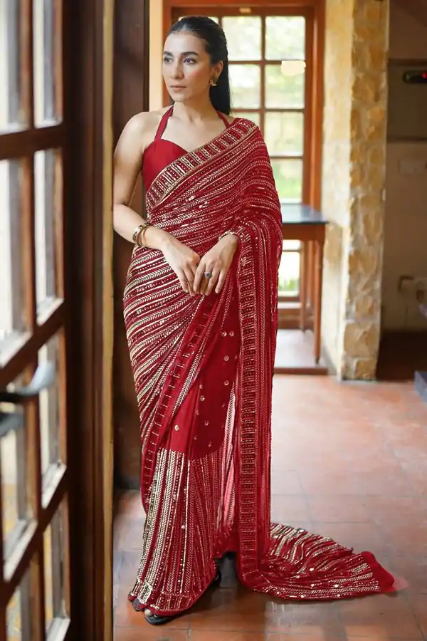 Red Georgette Embroidery Work Saree