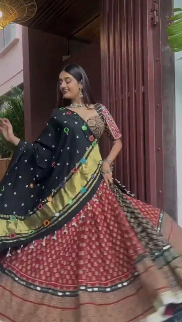 Red Polly Rayon Printed Work Lehenga Choli