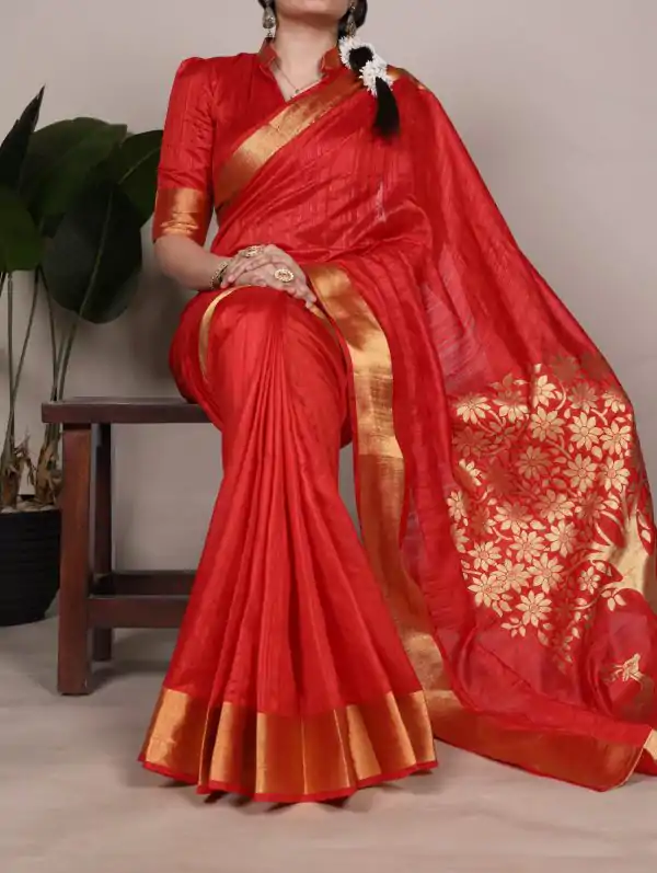 Red Raw Silk Zari Weaving Saree