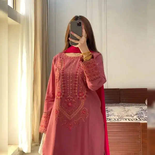 Red Roman Silk Embroidery Work Salwar Suit