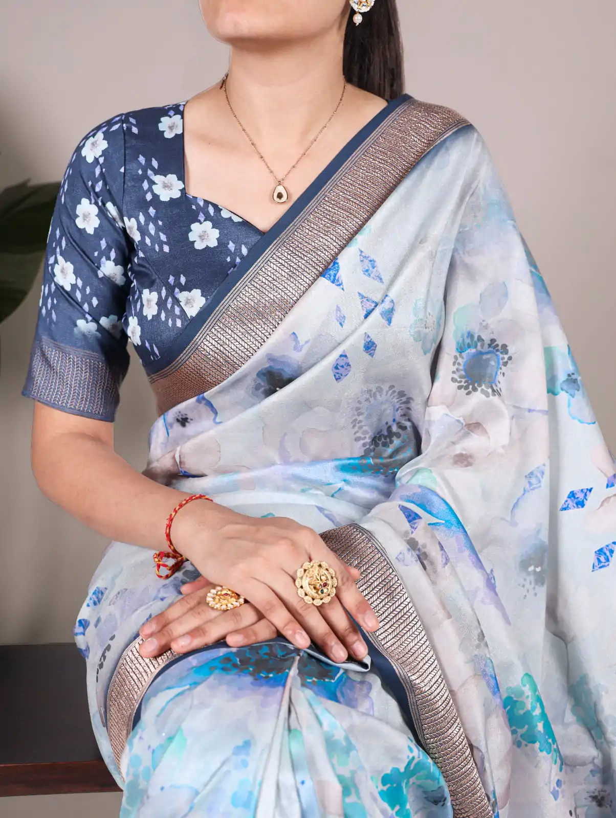 Sky Blue Viscose Printed Saree - Image 2