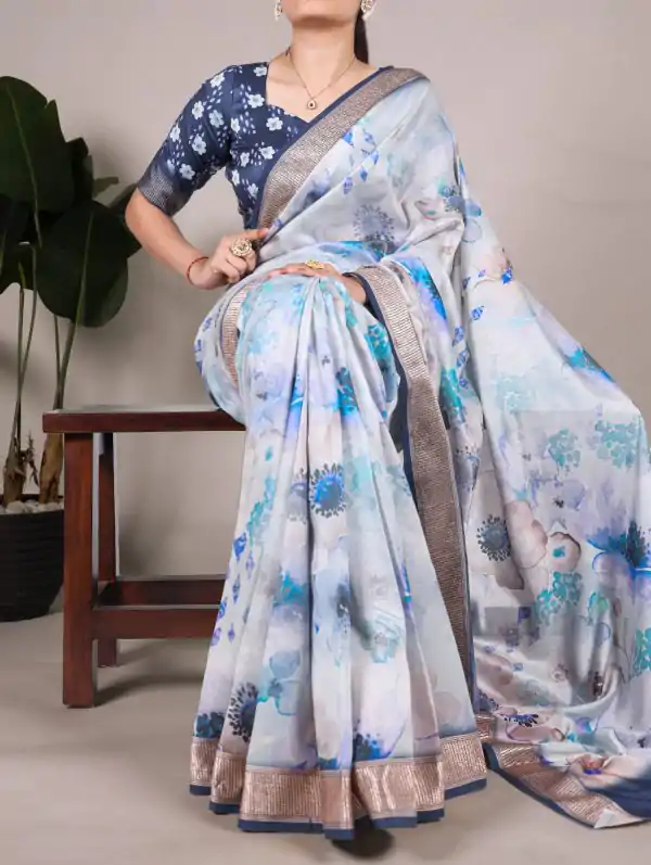 Sky Blue Viscose Printed Saree