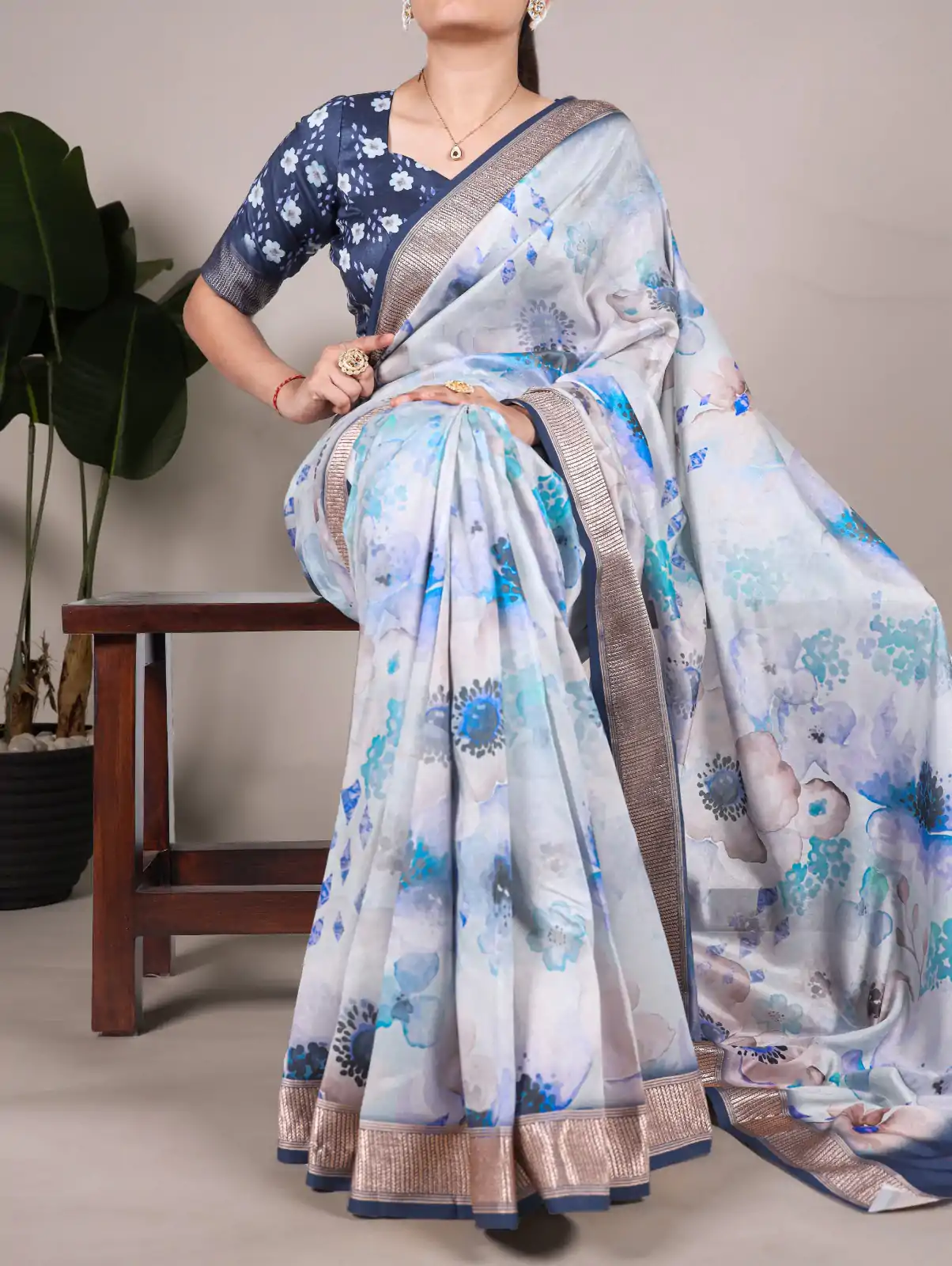 Sky Blue Viscose Printed Saree