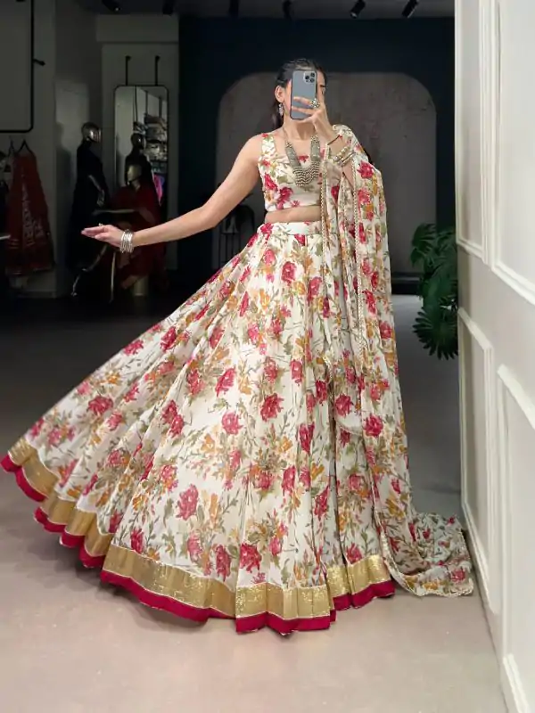 White Chiffon Embossed Lehenga Choli