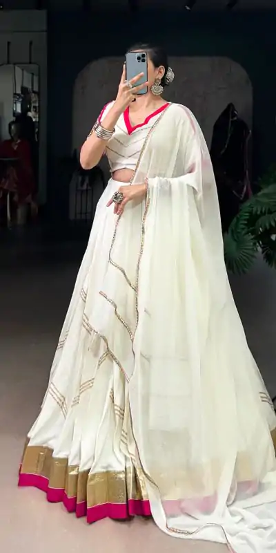 White Rayon Embossed Lehenga Choli