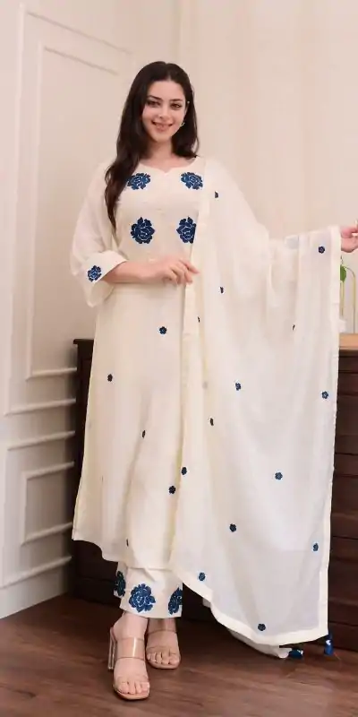 White Roman Silk Embroidery Salwar Suit