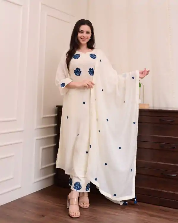 White Roman Silk Embroidery Salwar Suit