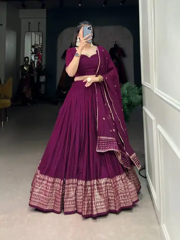 Wine Chanderi Weaving Lehenga Choli