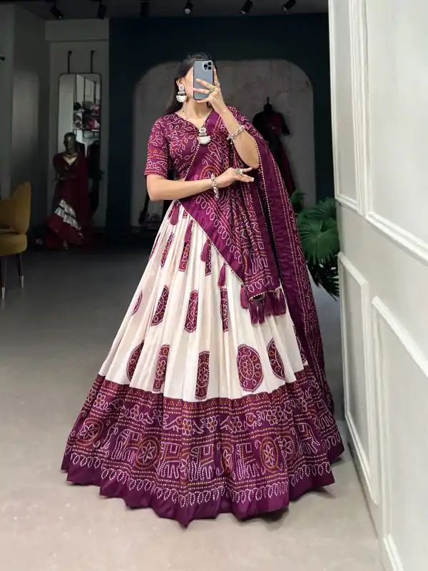 Wine Tasar Bandhej Lehenga Choli