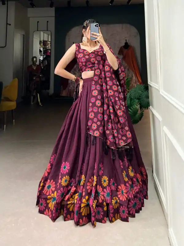 Wine Tasar Floral Print Lehenga Choli