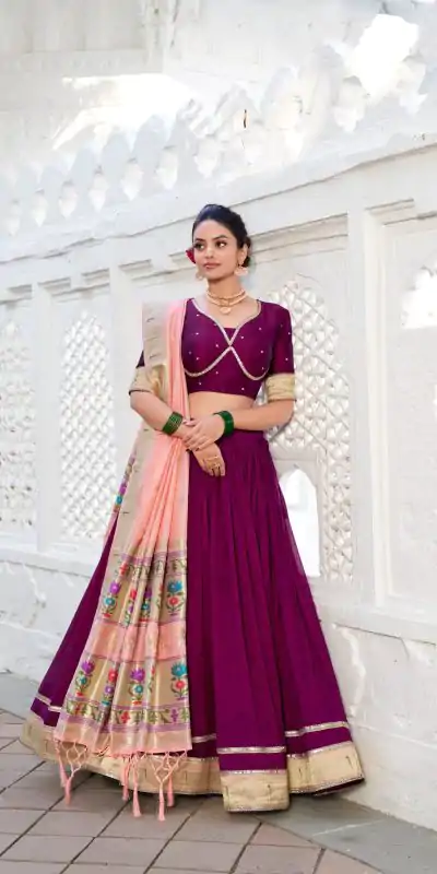 Wine Vichitra Plain Lehenga Choli