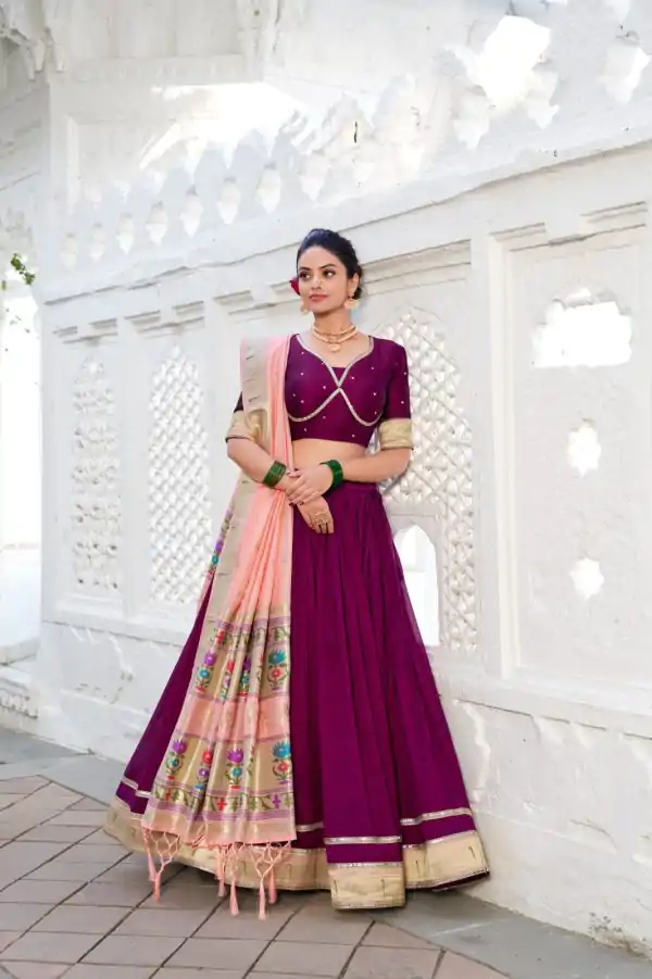 Wine Vichitra Plain Lehenga Choli