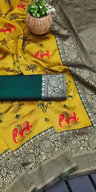 KP 6004 Yellow Soft Lichi Silk Jacquard Work With Designer Work Saree. Grab it for ₹1499. Delivery 4-6 Working Days. Shop now. | Bollywood Sarees, Creative Sarees, Designer Sarees, Embroidered Sarees, Ethnic Saree, Modern Digital sarees, Party Wear Sarees, Sarees