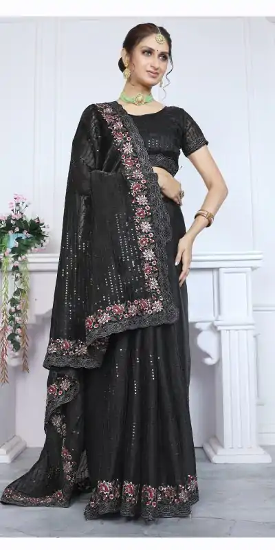 BT Sarangi Black Premium Jimmy cho Silk Saree with Embroidery Work & Zari Work. Exclusive Offer ₹2899. Delivery 4-6 Working Days. Shop now. | Bollywood Sarees, Creative Sarees, Designer Sarees, Embroidered Sarees, Ethnic Saree, Modern Digital sarees, Party Wear Sarees, Sarees