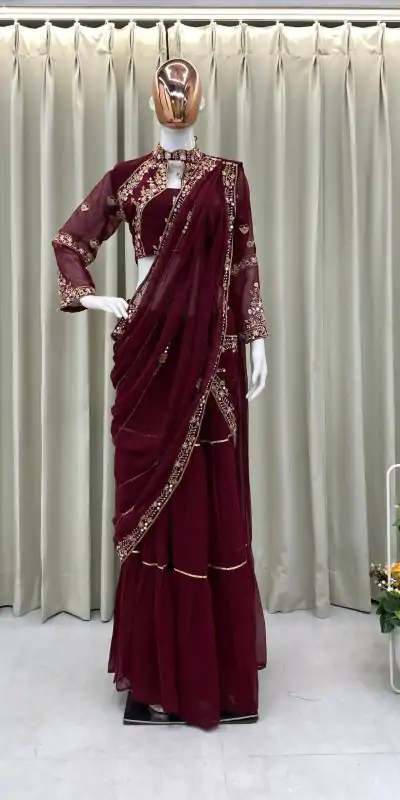 BE 280 Brown Georgette Lehenga Saree Perfect for Wedding, Party, Cultural Events, Housewarming, Ganesh Chaturthi . Affordable Price ₹2399. Delivery 4- | Bollywood Lehenga, Creative Lehenga, Designer Lehenga, Embroidered Lehenga, Lehenga, Party Wear Lehenga